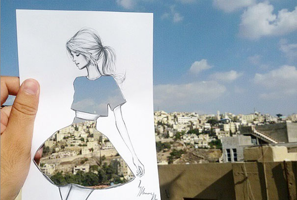 605x407 Fashion Illustrator Completes His Cut Out Dresses With Clouds - Cut Out Drawings