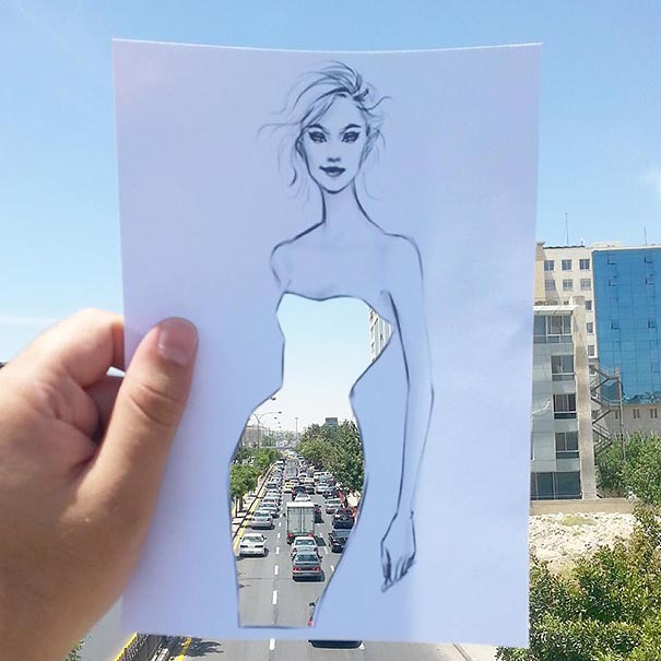 605x605 Illustrator Completes His Cut Out Dress Sketches With Urban Scenes - Cut Out Drawings