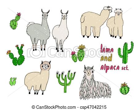 450x357 cute lama, alpaca and cactuses set hand drawn vector illustration - Cute Alpaca Drawing
