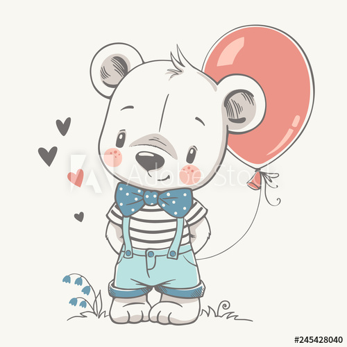 500x500 Vector Illustration Of A Cute Baby Bear With A Red Balloon - Cute Baby Bear Drawing