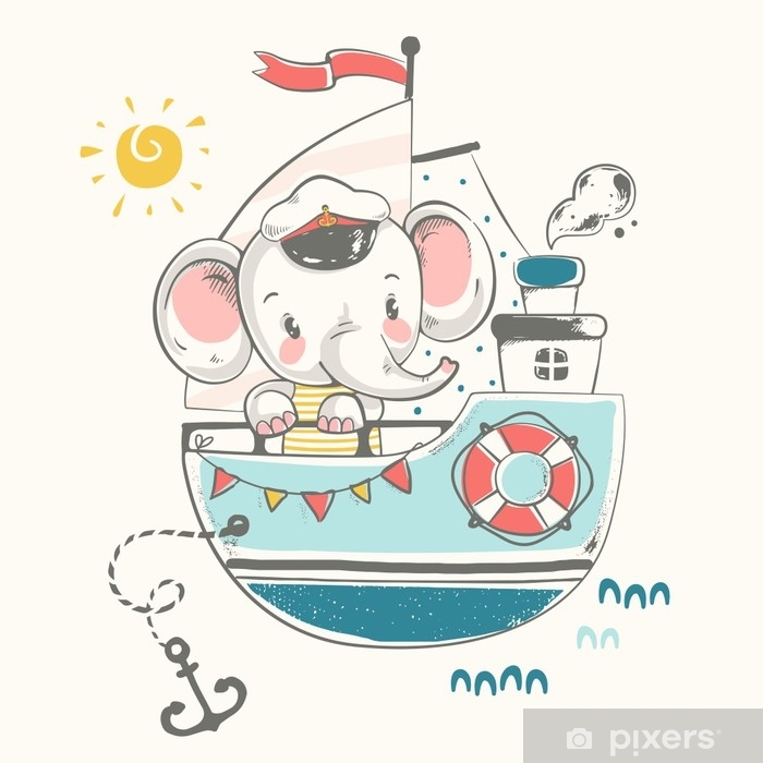 700x700 Cute Baby Elephant Sailor On The Ship Cartoon Hand Drawn Vector - Cute Baby Elephant Cartoon Drawing