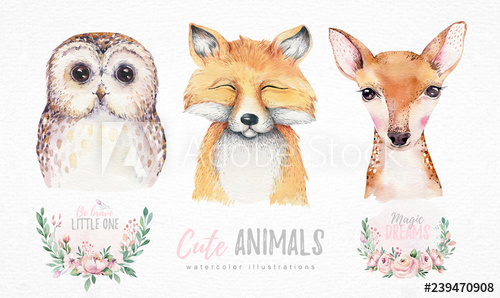 500x298 Watercolor Set Of Forest Cartoon Isolated Cute Baby Fox, Deer - Cute Baby Fox Drawing