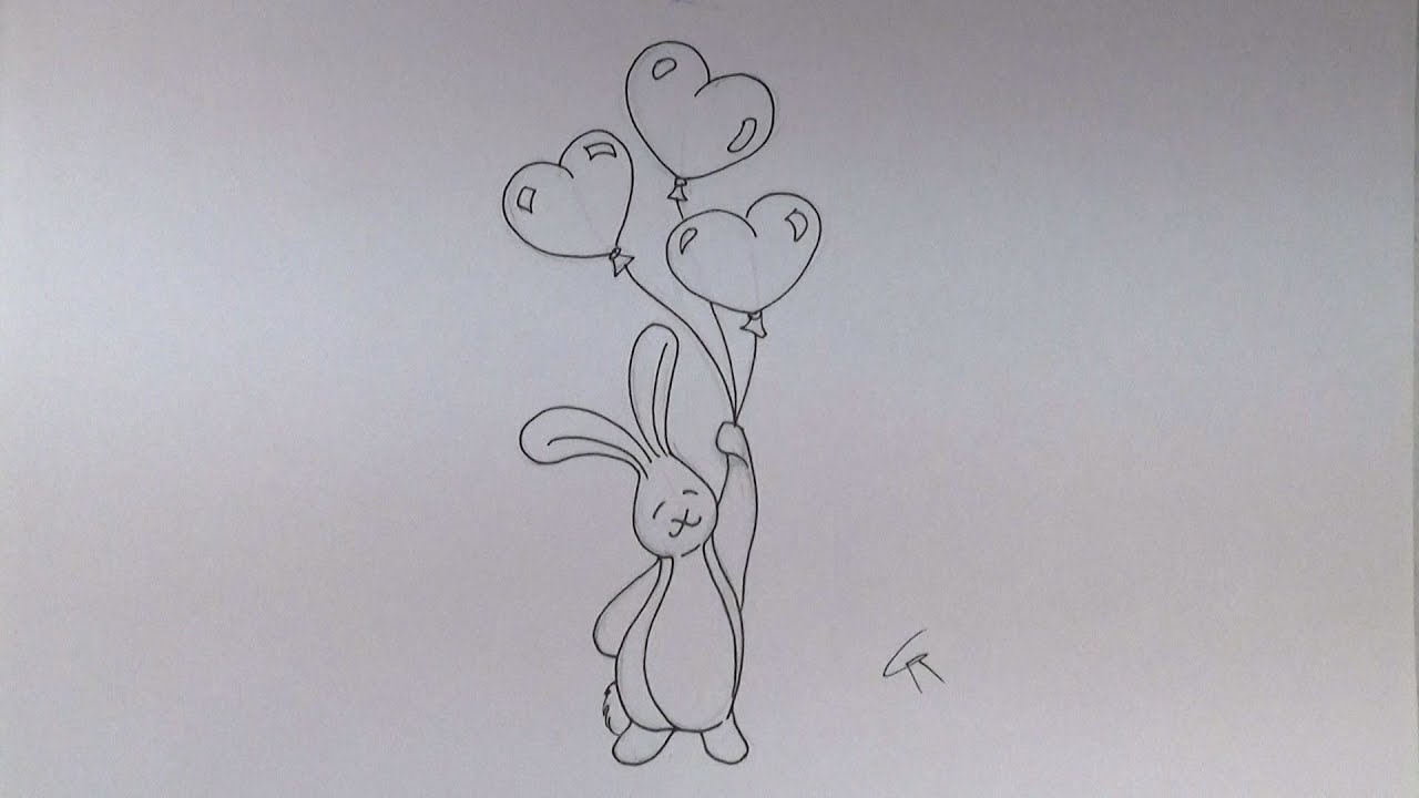 1280x720 Draw Cute Bunny With Heart Balloons - Cute Balloon Drawing