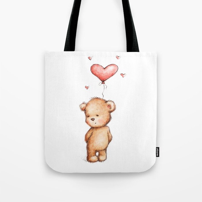 700x700 Drawing Of Cute Little Teddy Bear With Red Heart Balloon Tote Bag - Cute Balloon Drawing