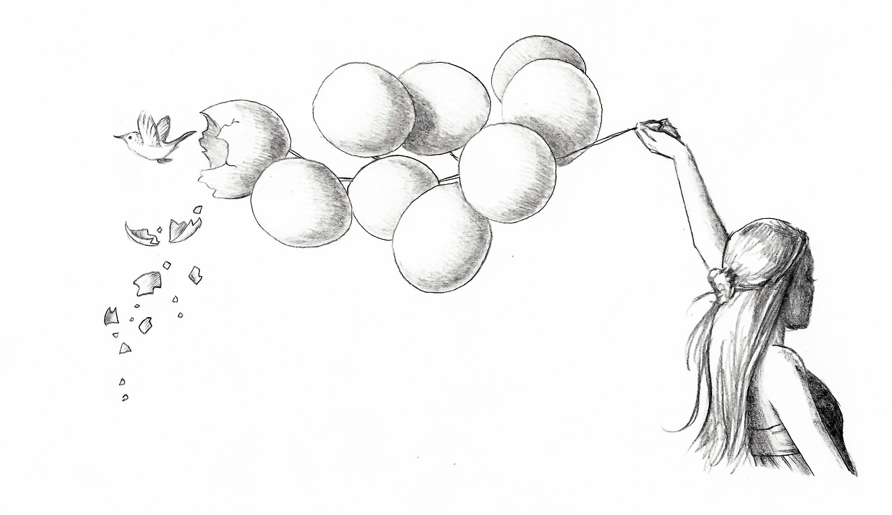1280x739 Girl Holding Balloons And Bird On We Heart It - Cute Balloon Drawing