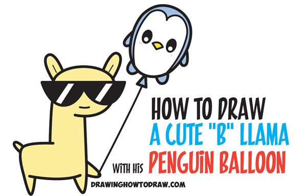 600x383 Learn How To Draw Cute Kawaii Llama With Sunglasses Holding - Cute Balloon Drawing