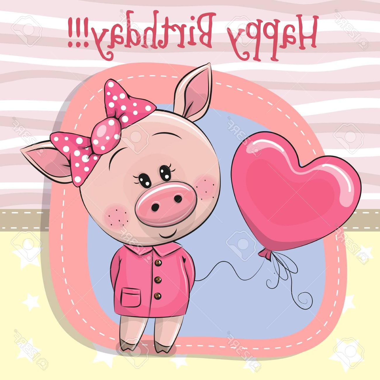 1300x1300 Unique Greeting Card Cute Cartoon Pig Girl With Balloon Drawing - Cute Balloon Drawing