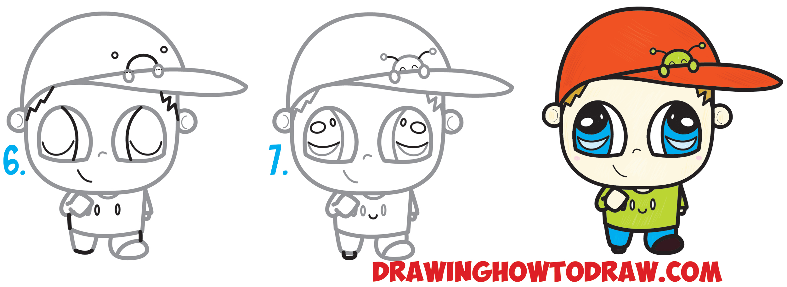 2500x914 how to draw a chibi boy with a cute bug on his baseball hat easy - Cute Bug Drawing