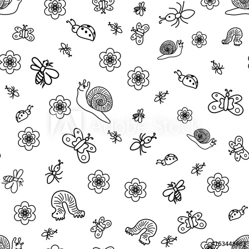 500x500 Vector Illustration Seamless Pattern Of Funny Doodle Insects - Cute Bug Drawing