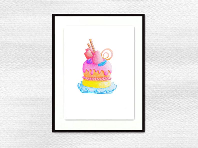 794x596 cute cake dessert colorpencil drawing nursery bedroom art etsy - Cute Cake Drawing