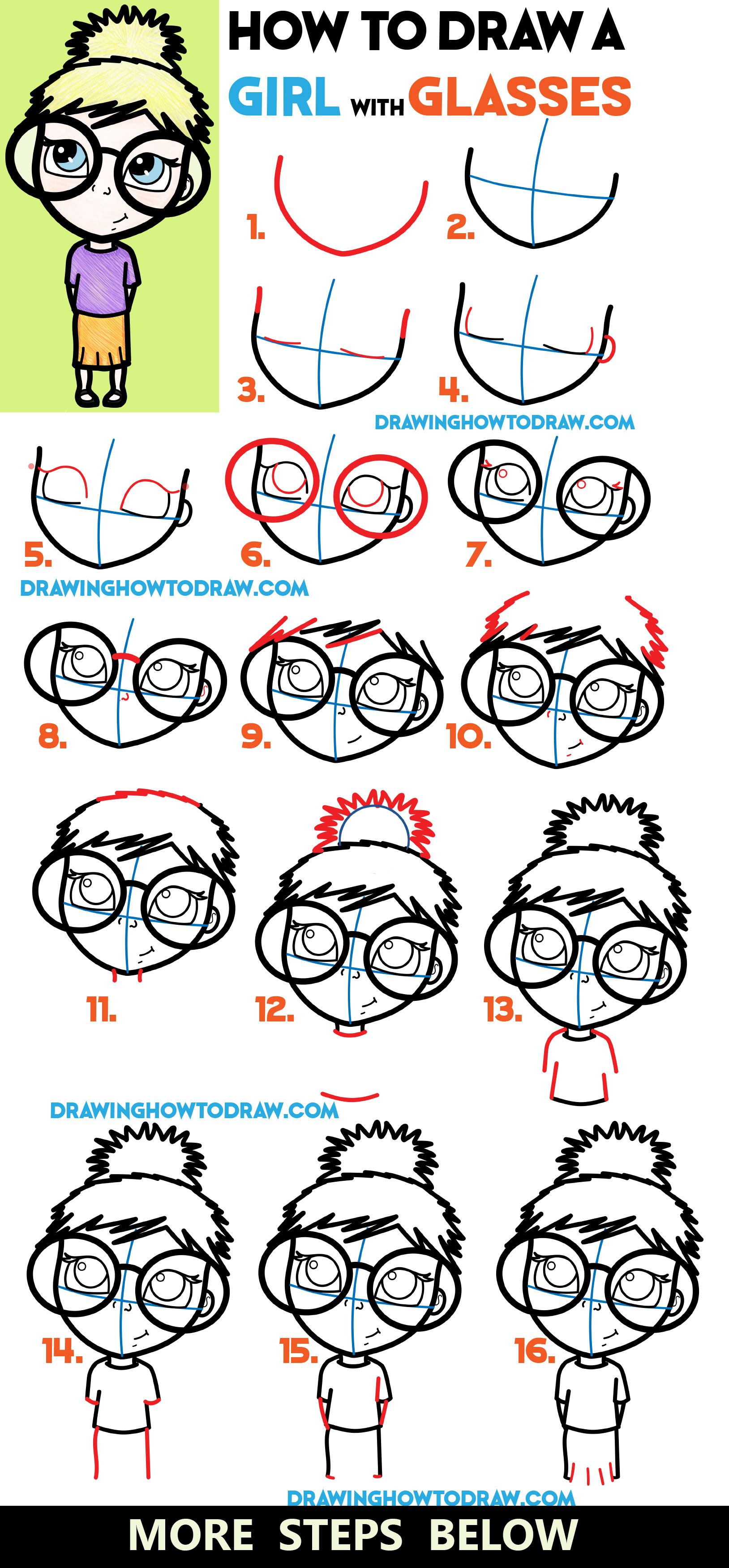 1628x3503 How To Draw A Cute Girl With Glasses Illustration - Cute Cartoon Girl Drawing