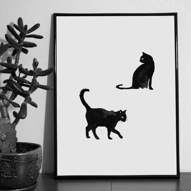 640x640 Watercolor Black Cat Canvas Art Print Painting,poster Popular - Cute Cat Drawing