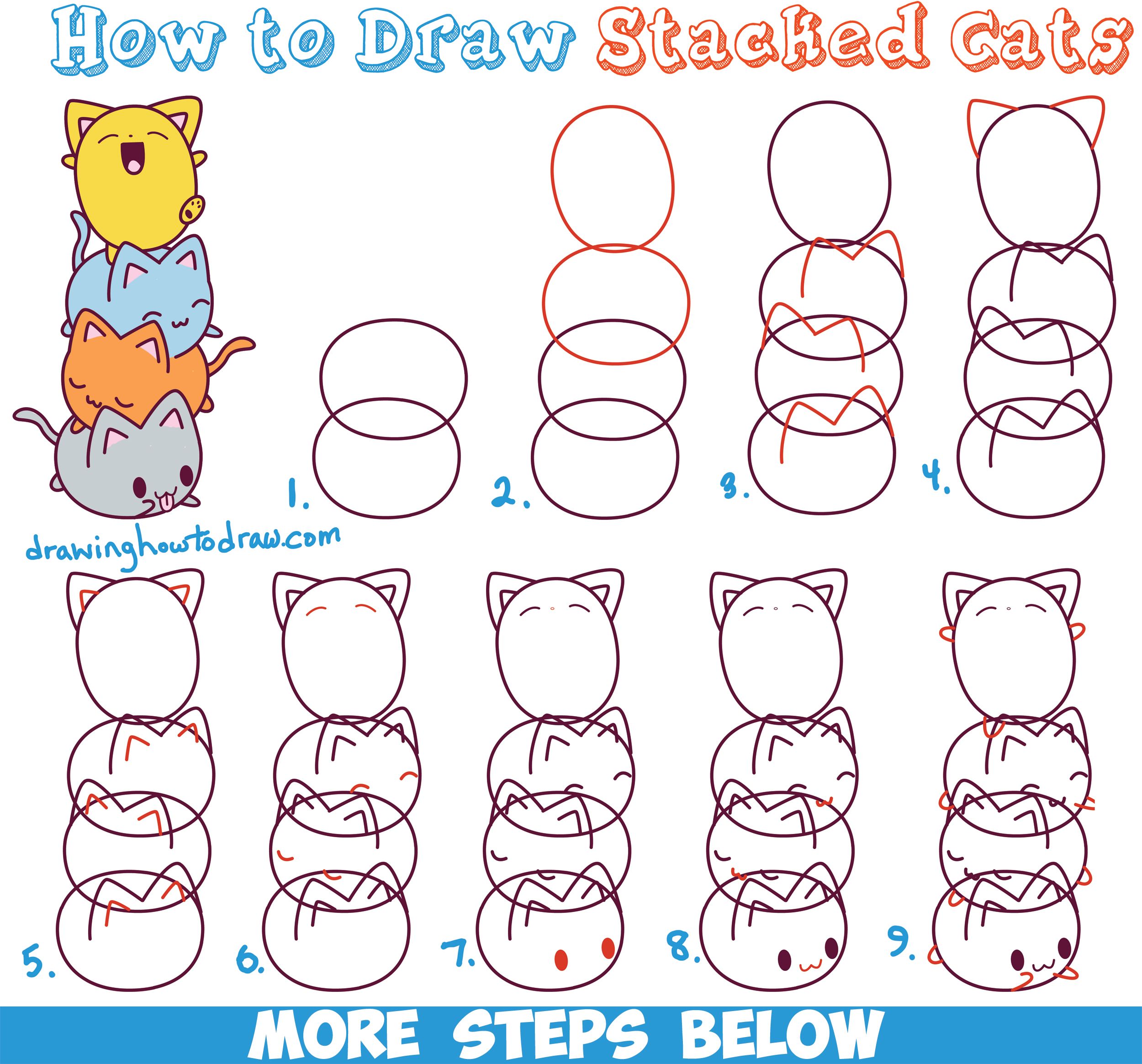 2500x2331 How To Draw Cute Kawaii Cats Stacked On Top Of Each Other - Cute Cat Drawing Step By Step