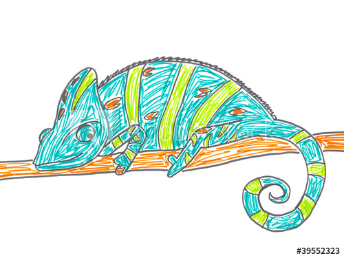 500x375 Cute Chameleon On Tree Branch, Hand Drawing Illustration - Cute Chameleon Drawings