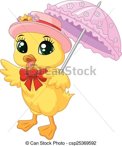 392x470 Vector Illustration Of Cute Cartoon Duck With Pink Umbrella - Cute Duck Drawing