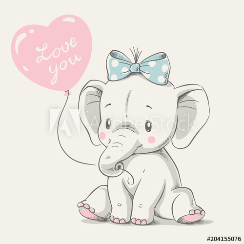 500x500 Cute Elephant With Balloon Hand Drawn Vector Illustration Can Be - Cute Elephant Drawing