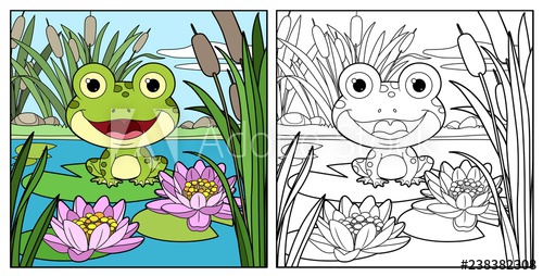 500x254 cute frog sits on leaf of lily color and outlined linear drawing - Cute Frog Drawing