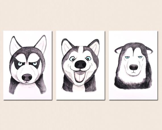 570x456 husky print set of funny art print husky gifts black white etsy - Cute Husky Drawing