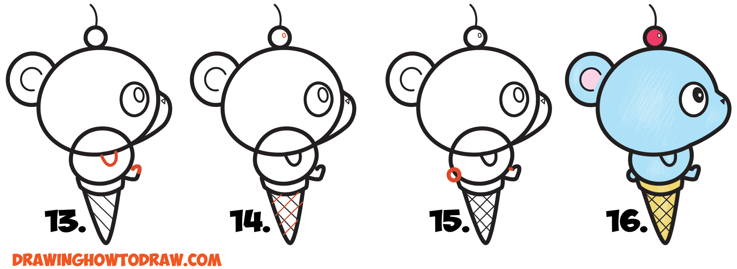 2500x912 How To Draw Super Cute Cartoonkawaii Bear On Ice Cream Cone Easy - Cute Ice Cream Cone Drawing