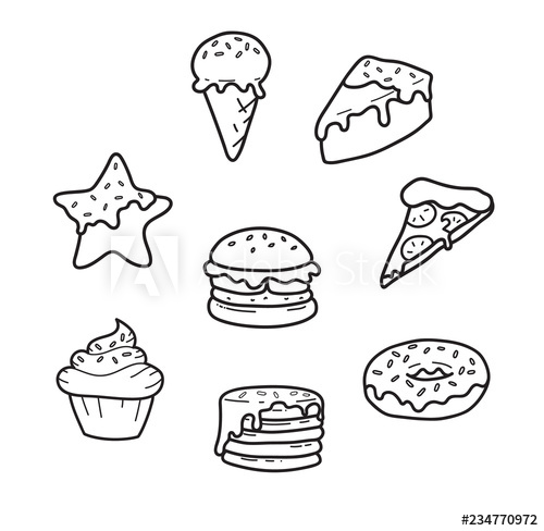 500x488 Party Junk Food Lines Cute Drawing Pizza, Cupcake, Ice Cream - Cute Ice Cream Drawing