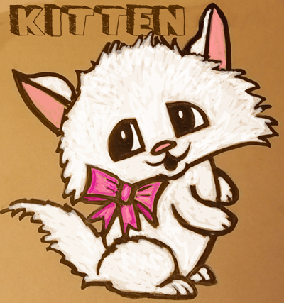 400x427 How To Draw Cute Cartoon Kitten With Pretty Bow In Easy Steps - Cute Kitten Drawing