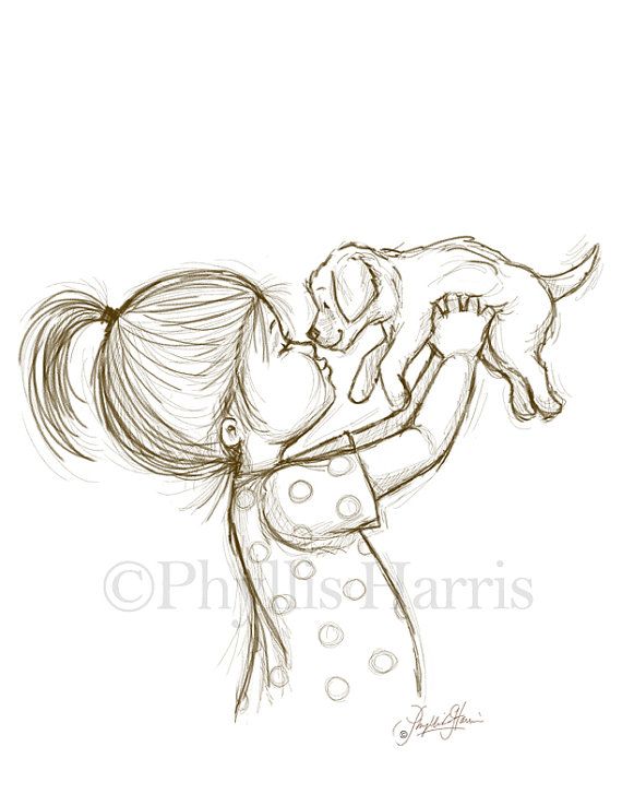 570x738 Sketch Illustration Of A Puppy And Little Boy Or Little Girl - Cute Little Girl Drawing