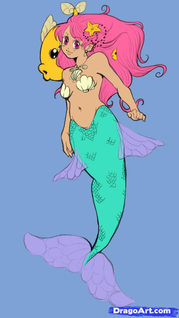 600x1062 How To Draw A Cute Mermaid, Step - Cute Mermaid Drawings