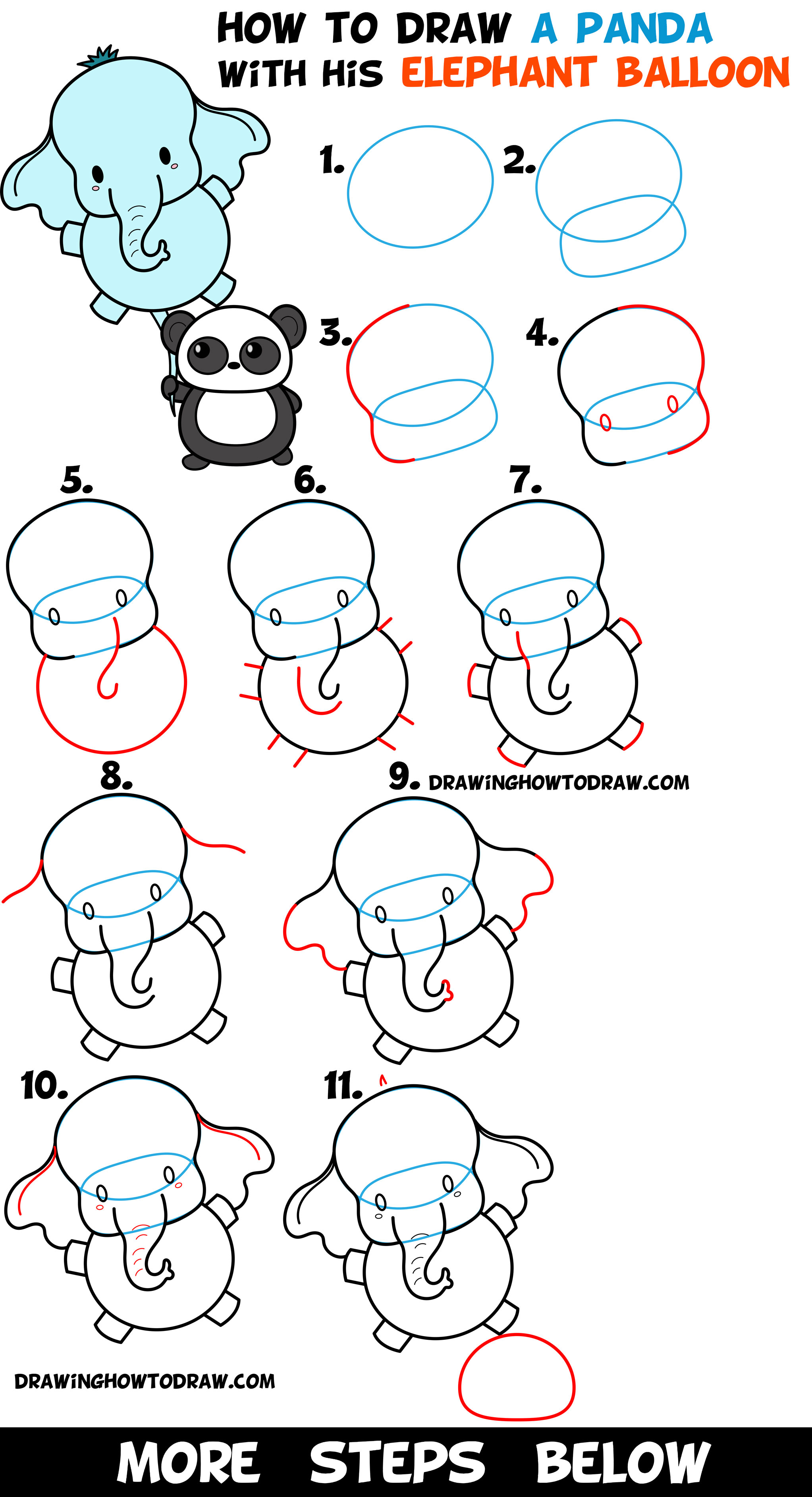 2045x3769 How To Draw A Cute Panda Bear Holding An Elephant Balloon Easy - Cute Panda Drawing Step By Step