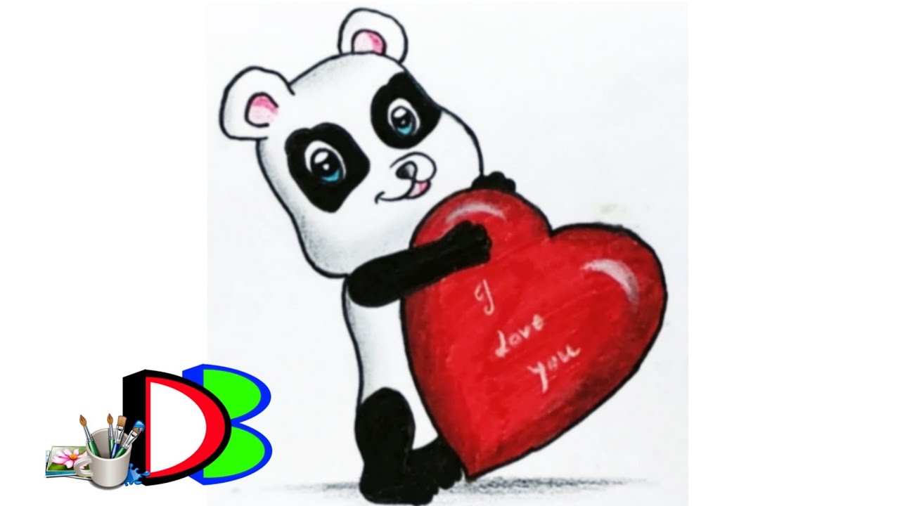 1280x720 How To Draw A Cute Panda With Love Sign Valentine's Day Heart - Cute Panda Love Drawing