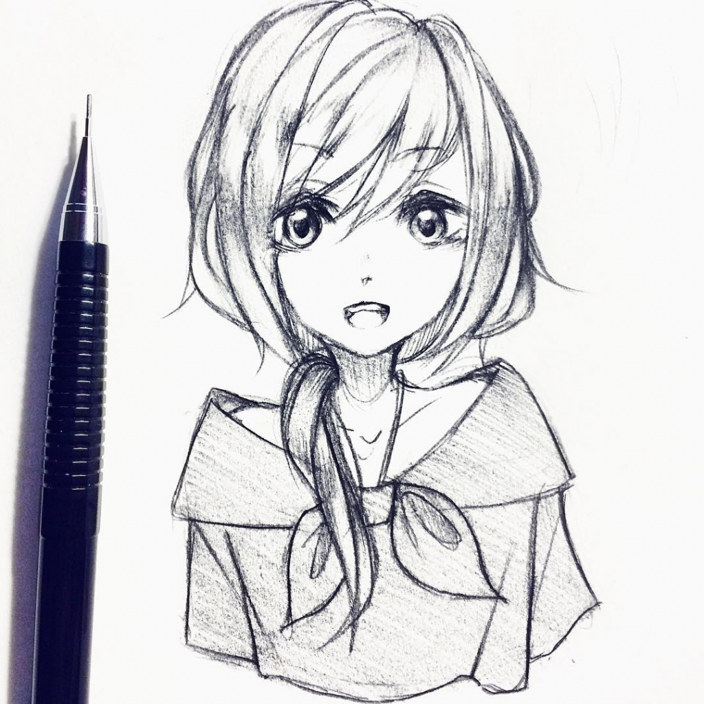 1024x1024 Anime Girl Drawing Cute Pencil Sketch Of Cute Anime Girls Pics - Cute Pencil Drawings