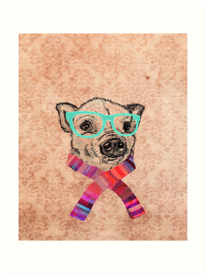 413x549 Funny Cute Pig Illustration Teal Hipster Glasses Art Prints - Cute Pig Drawing
