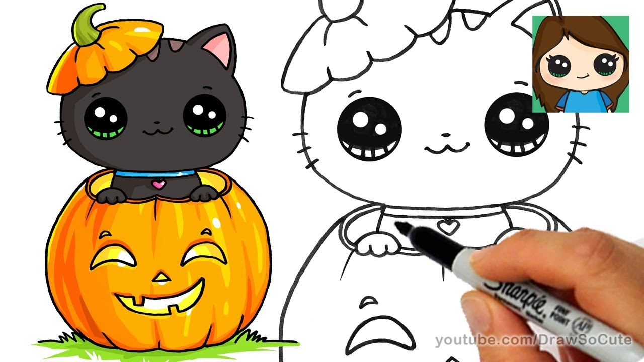 1280x720 How To Draw A Kitten For Halloween Easy - Cute Pumpkin Drawing