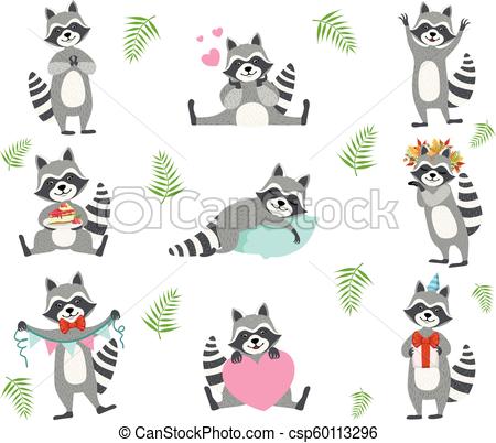 450x402 Cute Raccoon Character In Different Situations Set Cartoon - Cute Raccoon Drawing