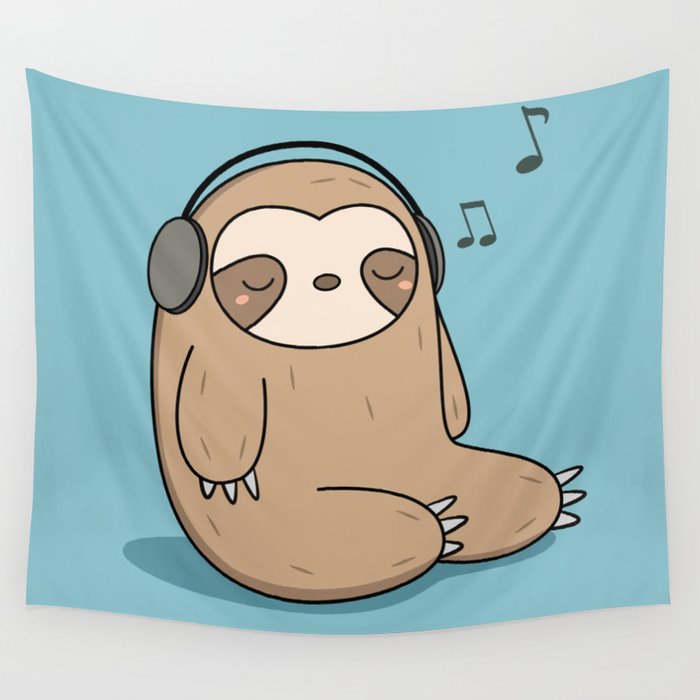 700x700 Kawaii Cute Sloth Listening To Music Wall Tapestry - Cute Sloth Drawing