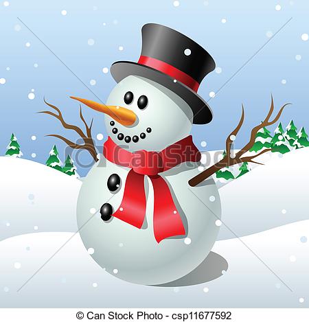 450x469 Cute Cartoon Snowman In Front Of A Winter Landscape - Cute Snowman Drawing