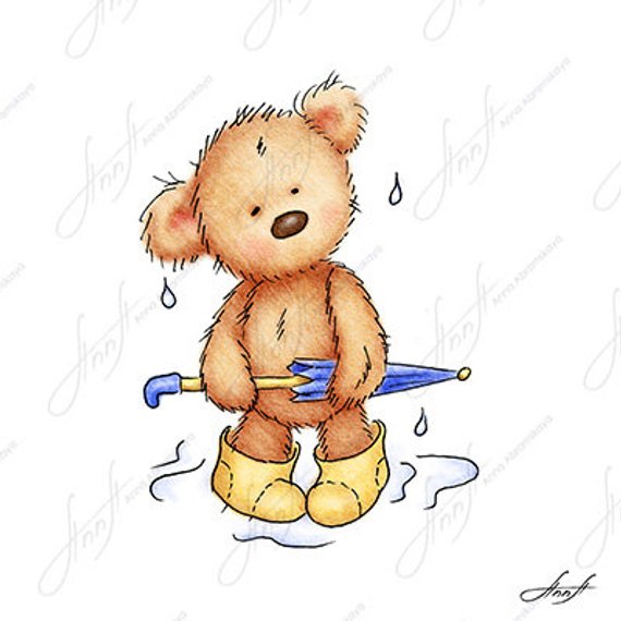 570x570 The Drawing Of Cute Teddy Bear With Umbrella And Rubber Boots Etsy - Cute Teddy Bear Drawing