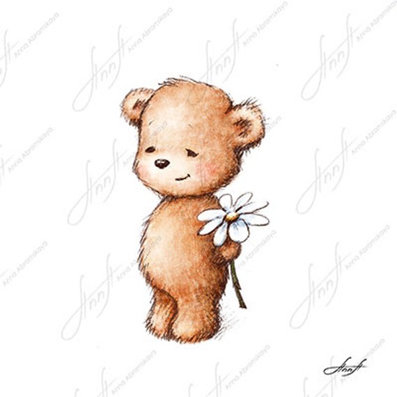 570x570 The Drawing Of Cute Teddy Bear With With Daisy Printable Art Etsy - Cute Teddy Bear Drawing