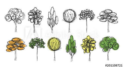 500x278 Hand Draw Sketch Set Of Different Types Of Trees Simple Linear - Cute Tree Drawing