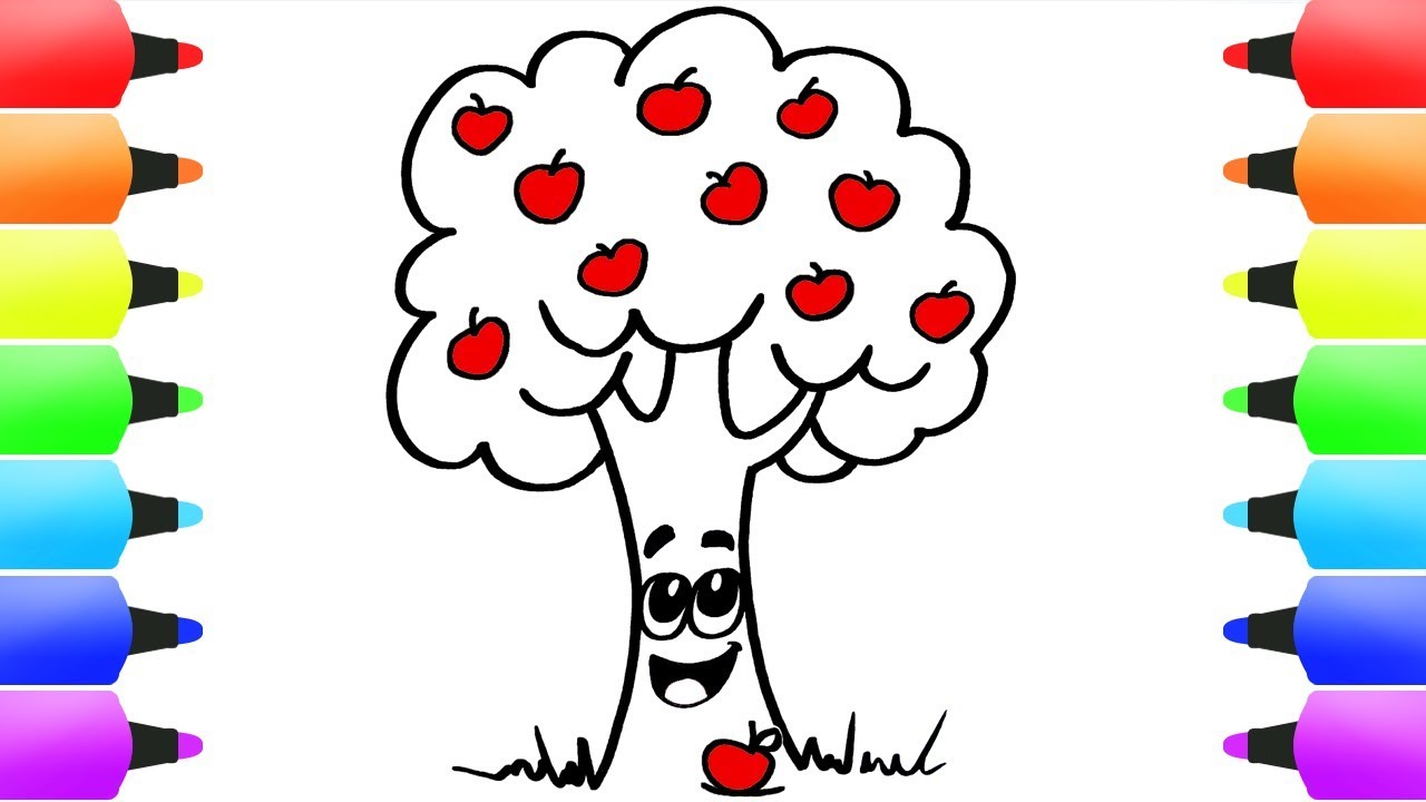 1280x720 How To Draw A Tree For Kids! Cute Apple Tree, Fruits And Cartoon - Cute Tree Drawing