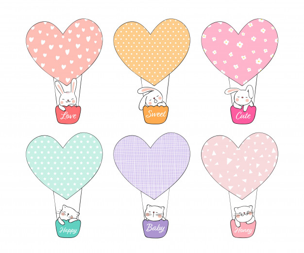 626x521 Draw Cute Rabbit And Cat In Balloon For Valentine Day Vector - Cute Valentines Drawings