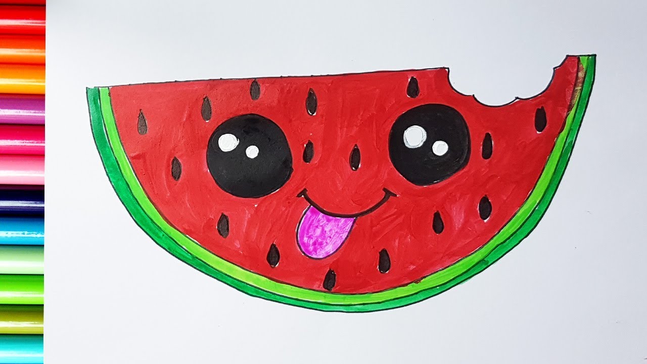 Draw A Cute Watermelon Step - Cute Watermelon Drawing. 