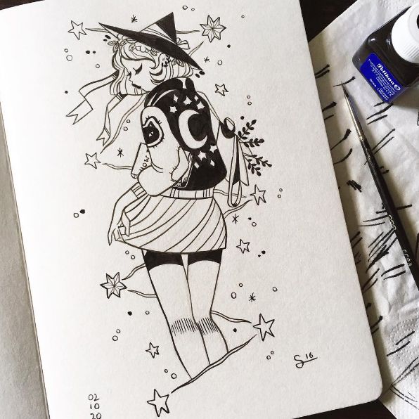 596x596 cute witch ink drawing el arte witches, draw - Cute Witch Drawing