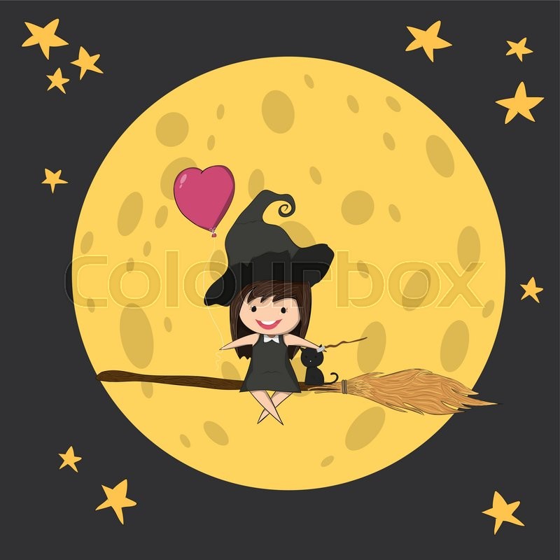 800x800 witch cute and black cat ride on the stock vector colourbox - Cute Witch Drawing