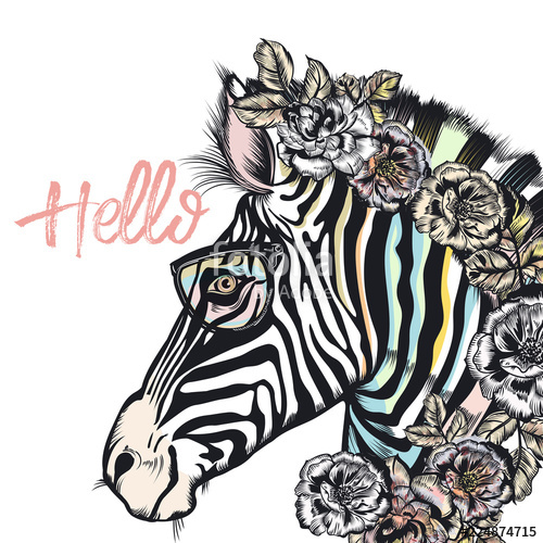 500x500 Fashion Illustration With Cute Zebra With Roses In Hipster Glasses - Cute Zebra Drawing