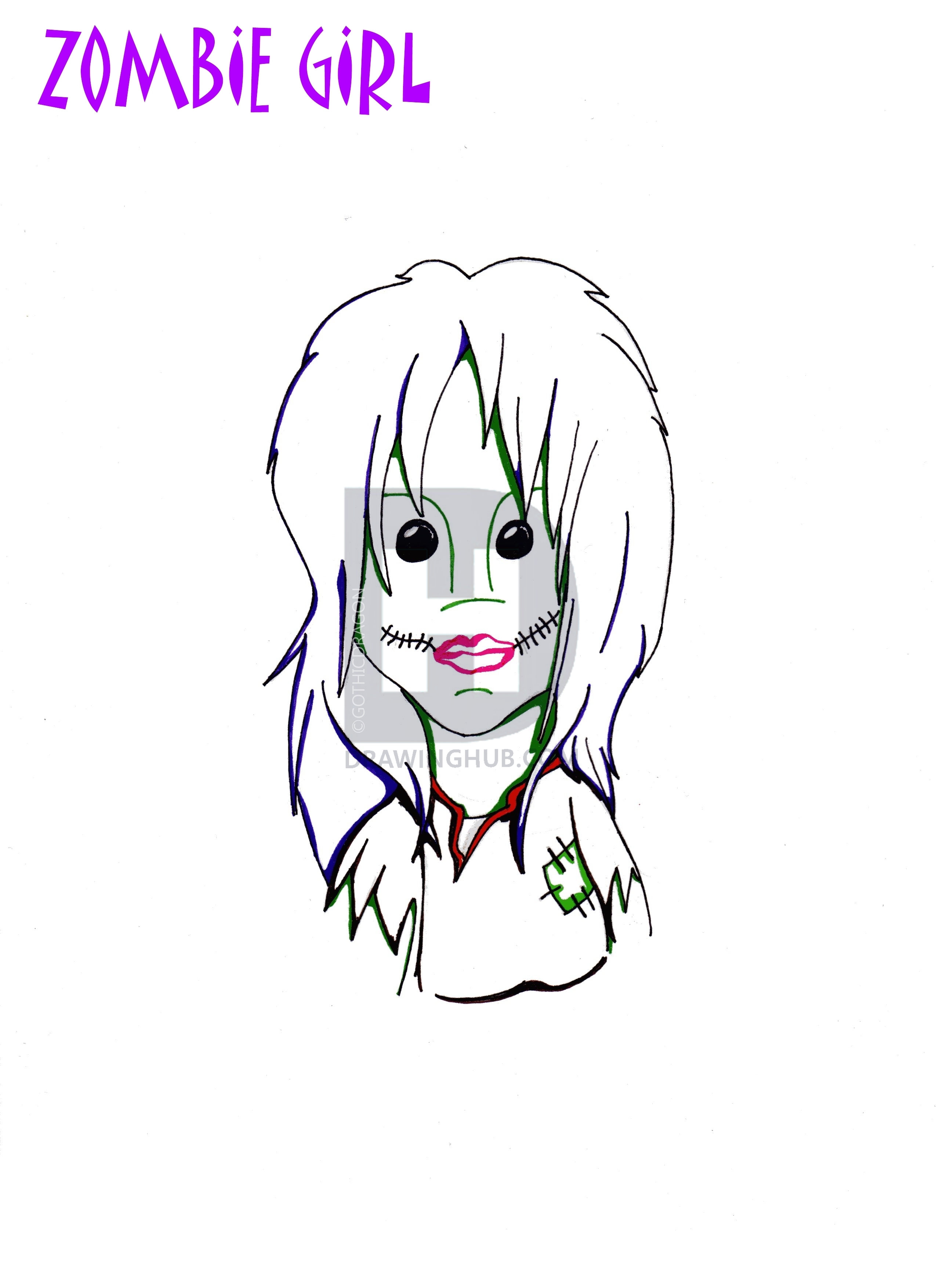 2550x3509 How To Draw A Cute Zombie Girl, Step - Cute Zombie Drawing