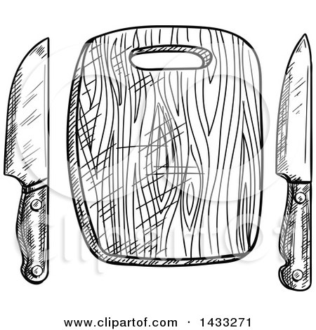 450x470 clipart of a sketched black and white cutting board and knives - Cutting Board Drawing