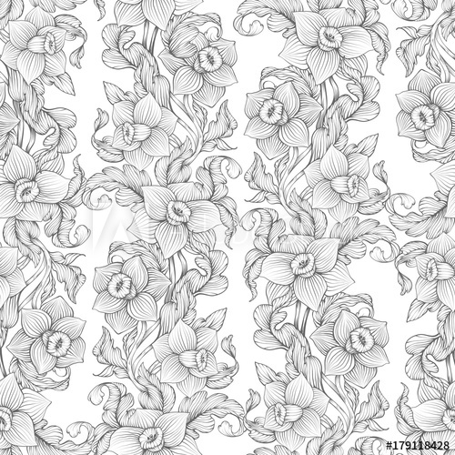 500x500 daffodils narcissus dense outline sketch drawing floral seamless - Daffodil Drawing Outline