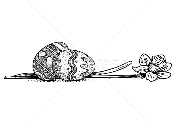 600x424 Easter Egg With A Daffodil Illustration, Drawing, Engraving, Line - Daffodil Line Drawing