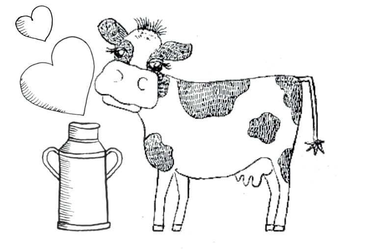 760x508 drawing of a cow with hearts - Dairy Cow Drawing