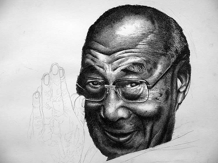 750x563 Dalai Lama Realistic Drawing Drawing Skill - Dalai Lama Drawing